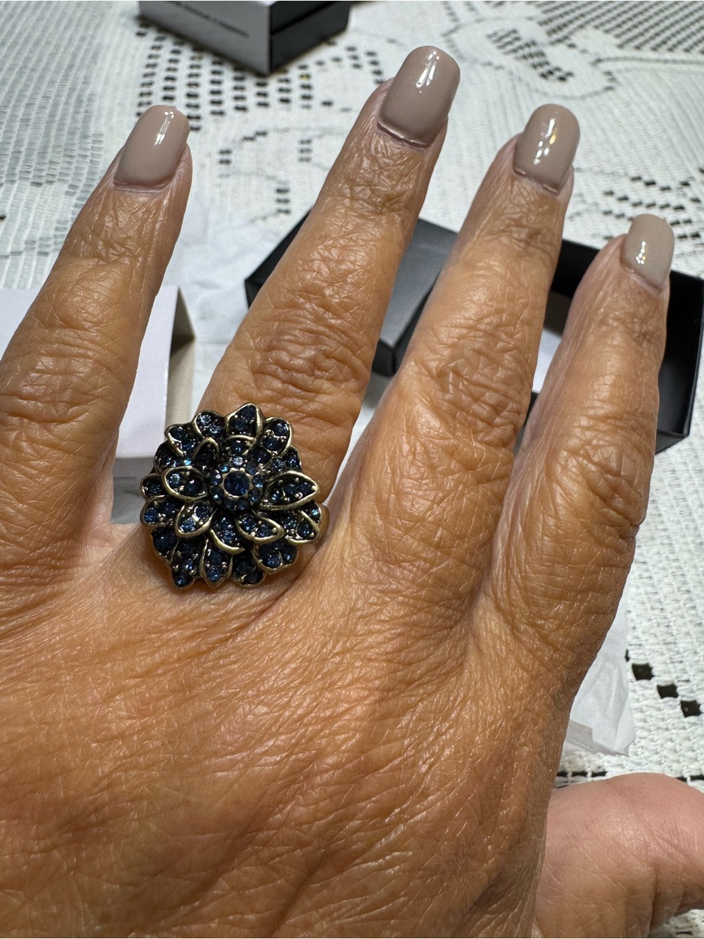 Avon Gold-Tone Floral Cluster Ring with Deep Blue Stones